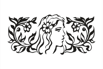 Black and white profile of a womans face adorned with flowers and surrounded by decorative floral elements