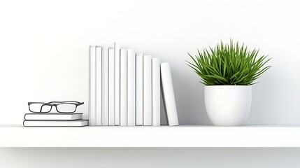 White shelf with books, plant, and glasses