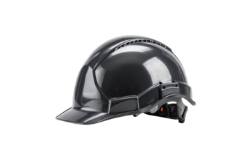 Black safety helmet for construction workers isolated on transparent background