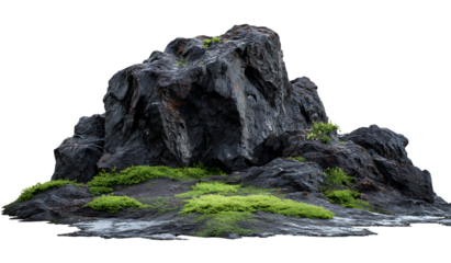 Black rocks and stones, rocks with moss on them, rocks at the edge of an ocean cliff, isolated on a transparent background, cutout asset.