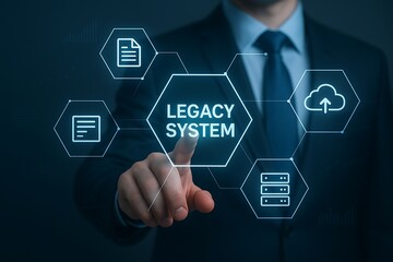Businessman interacting with a digital interface displaying legacy system modernization and cloud migration concepts