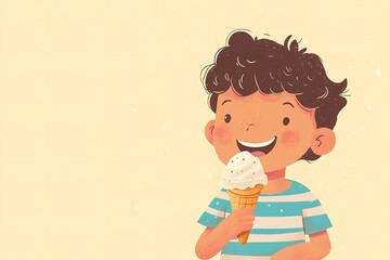 Comic depiction of boy savoring ice cream over pale yellow setting depicting images of youth and idyllic summery air hue delish, Generative AI.