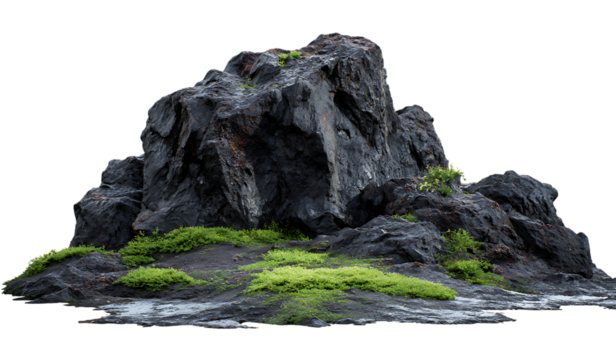 Black rocks and stones, rocks with moss on them, rocks at the edge of an ocean cliff, isolated on a transparent background, cutout asset.
