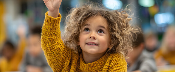 The enthusiastic child raising her hand in a vibrant classroom setting.