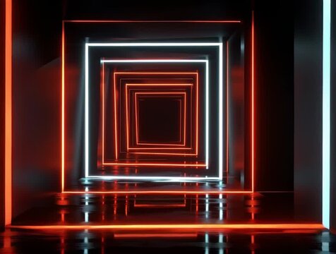 3d animation neon tunnel with rotating squar