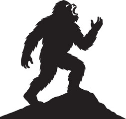 Bigfoot Yeti Black & white silhouette who is shouting on the top of a hill