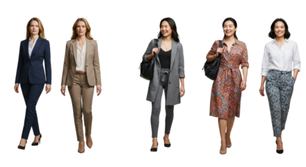 Diverse women (business suit, athleisure, smart casual, dress) walk confidently on a white studio background with copy space, showcasing modern female empowerment