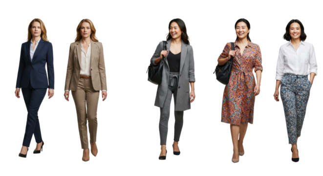 Diverse women (business suit, athleisure, smart casual, dress) walk confidently on a white studio background with copy space, showcasing modern female empowerment