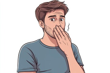 A comic visual of dire illness and oral health over stark white setting depict male exhaling on palm to see poor breath lovely hue, Generative AI.