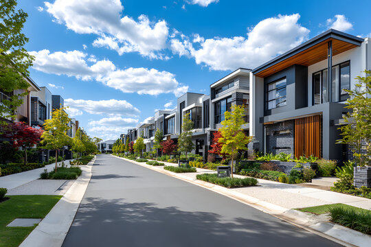 A quiet residential street lined with modern double-storey townhouses in a newly developed outer suburb. Contemporary urban planning and real estate investment in Australia’s growing suburban fringe.