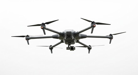 白い背景 穏やかに飛行する大型ドローン 高画質空撮. AI Generated