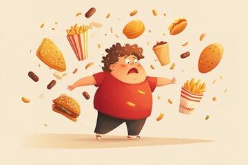 Over pale beige setting obese boy is standing erect and appears distressed while fast food flies around him bullying artwork hue, Generative AI.