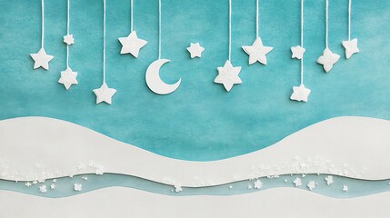 White stars and moon hanging on teal background with snowy hills