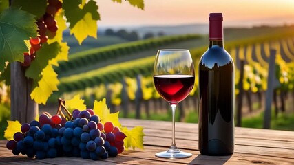 Bottle and glass of red wine on wooden table against vineyard backdrop with ripe grapes and summer sunset. Romantic wine tasting concept.