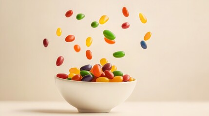 Over pale beige setting vivid jelly beans tumble into big dish evoking notion of sweet lover offering savory meal lovely hue delish, Generative AI.