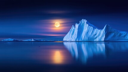 Serene moonlit landscape reflecting on calm waters with icebergs in the foreground