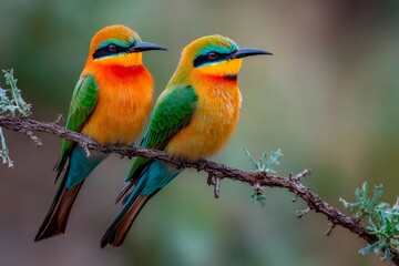Obraz premium Two colorful birds sit closely on a branch, showcasing their vibrant plumage. The soft lighting highlights their intricate details in a tranquil natural environment