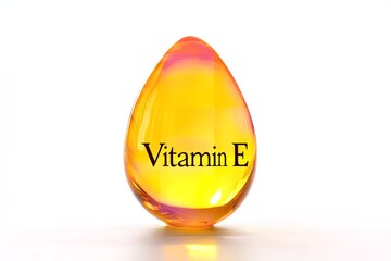 Over stark white setting ample drop of golden oil with the words Vitamin E depict skin regrowth and healing body lovely hue, Generative AI.