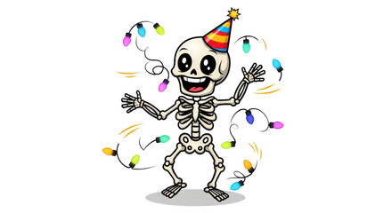 Festive Skeleton Celebrating with Colorful Lights at a Party - Fun Illustration