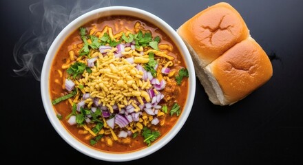 Delicious Indian Misal Pav served in white bowl garnished with fresh coriander and crispy sev with two soft buns on the side against a dark background capturing a steaming hot meal
