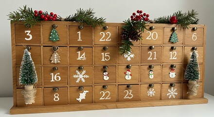 木製のアドベントカレンダー 暖色系の光で温かく輝く クリスマス準備. AI Generated
