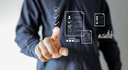 Businessman working with sign of the top service Quality assurance, Guarantee, Standards, ISO certification and standardization concept, Quality management with Quality Assurance and Quality Control.