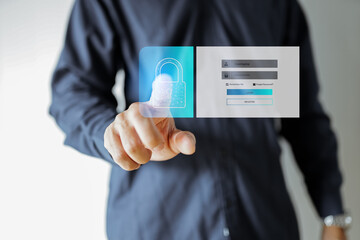 Close-up of a person using smartphone with secure login and data protection interface. Concept of cybersecurity, mobile authentication, and digital privacy in online access.
