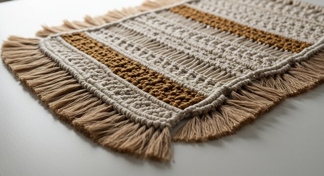 手編みタペストリー 上品な色合いの糸 繊細なフリンジ 温かい光 This translates roughly to: Hand-knitted tapestry, elegant color yarn, delicate fringe, warm light.. AI Generated