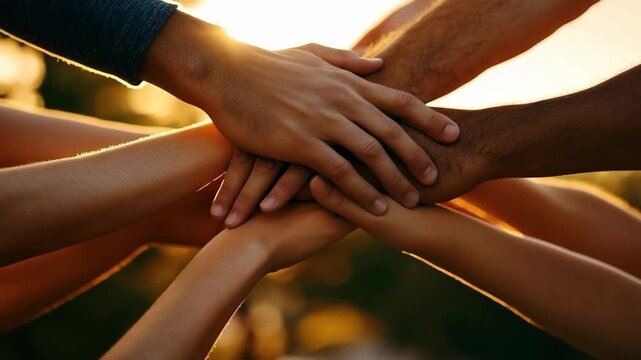 Low-angle shot of diverse hands stacked together against a sunset, symbolizing unity and teamwork, perfect for a motivational video theme.