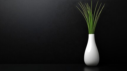 White vase with green grass against a black wall