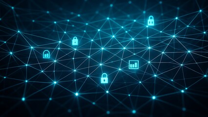 Digital network with glowing nodes and security icons representing data protection
