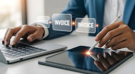 Invoice Processing with Digital Tablet and Laptop | Business Finance Automation for Accounting and Online Payments