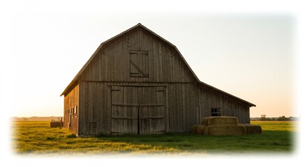 夕日輝く木造納屋、静かに佇む田園風景. AI Generated