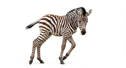 Obraz premium 愛らしいシマウマの仔馬 白背景で躍動感あふれる姿. AI Generated
