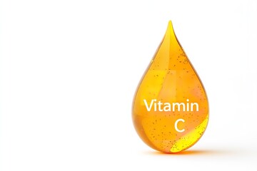 Over stark white setting ample drop of golden oil with the words Vitamin C depict skin regrowth and healing body lovely hue, Generative AI.
