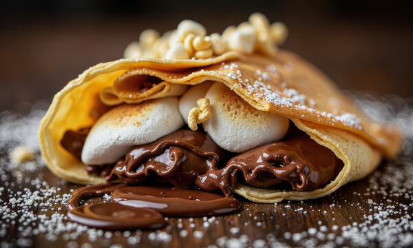A Close-up of a S'mores Crepe, with a Look of French-Inspired Indulgence, Folded Over a Filling of Marshmallow Fluff and Nutella