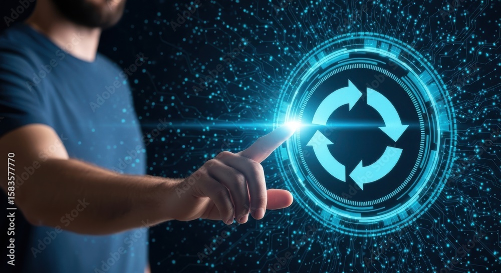 Fototapete man touching glowing circular refresh symbol with arrows finger