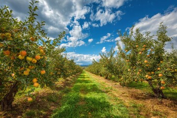Orchard view with fruit-laden trees, green grass path, and blue sky with fluffy clouds