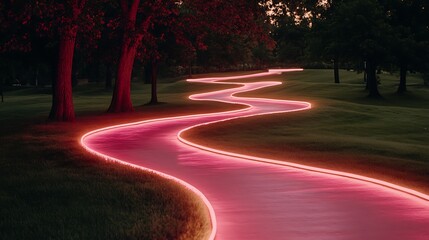 Winding neon path through a park at night