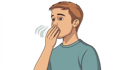 A comic visual of dire illness and oral health over stark white setting depict male exhaling on palm to see poor breath lovely hue, Generative AI.