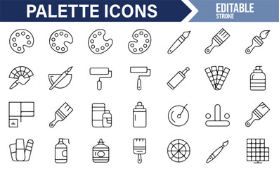 Art and Design Palette Icons Featuring Brushes, Rollers, and Color Tools
