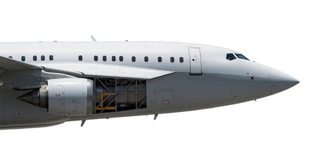 Obraz premium 白く輝く機体 鋭い翼 力強く飛行する旅客機側面. AI Generated