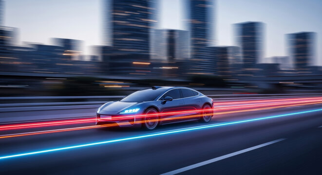 A sleek, dark autonomous electric car driving on a highway at dusk, with blurred city buildings in the background and vibrant light trails illustrating speed and technology.