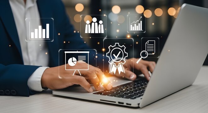 Professional analyzing data metrics on laptop with digital business intelligence icons overlay