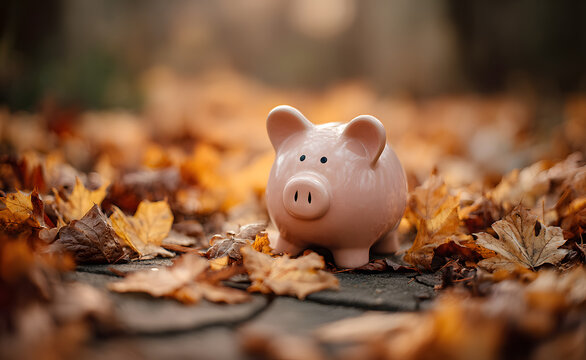 Piggy bank sitting on a fall leaf background, savings