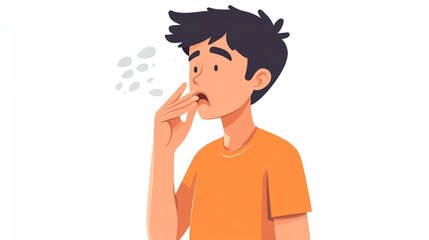 A comic visual of dire illness and oral health over stark white setting depict male exhaling on palm to see poor breath lovely hue, Generative AI.
