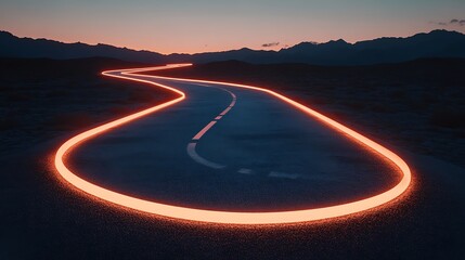 Winding road at sunset glows brightly