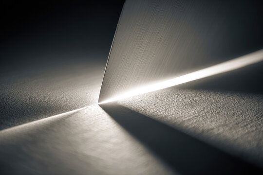 Sharp knife edge cutting through textured surface with dramatic light beam, creating abstract monochrome composition and intense focus on precision and detail
