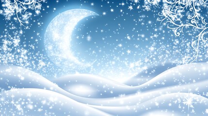 Winter night landscape with crescent moon and snow