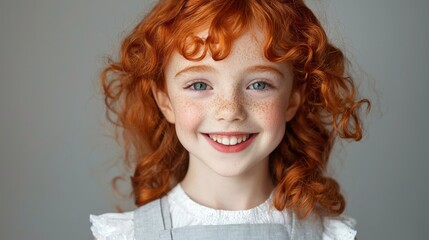 A modern interpretation of Orphan Annie, with red curls, a bright smile, and a school dress.